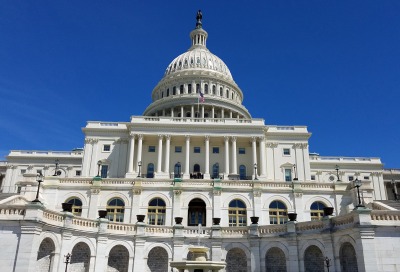 The Western facade and cupola detail of the United States Capitol Building, on Capitol Hill in Washington DC, USA.